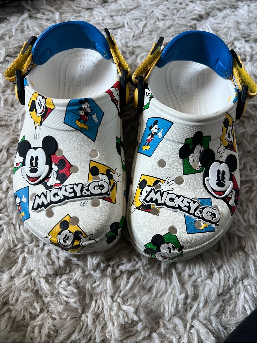 CROCS Kids' White Mickey Mouse Print Clogs with Blue & Yellow Straps